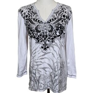 Vintage Blue Canyon Clothing Butterfly Henley Top Womens XL White Rhinestone Y2K